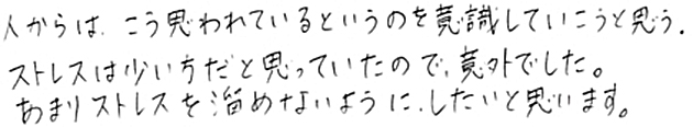 人からは、こう思われているというのを意識していこうと思う。ストレスは少ない方だと思っていたので意外でした。あまりストレスを溜めないようにしたいと思います。