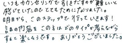 いつもカウンセリングで引き出すのが難しいと感じていたのでとてもためになりました。明日からこのステップで行なっていきます！話の内容をこの方はどのタイプか考えながらすると楽しそうです。ありがとうございました。